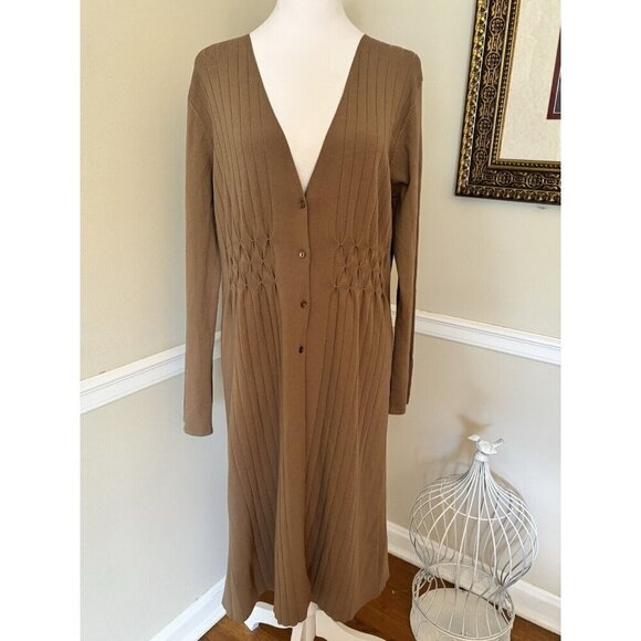 Coldwater Creek Size M Brown Pleated Longline Knit Duster Cardigan Stretch - Picture 1 of 7